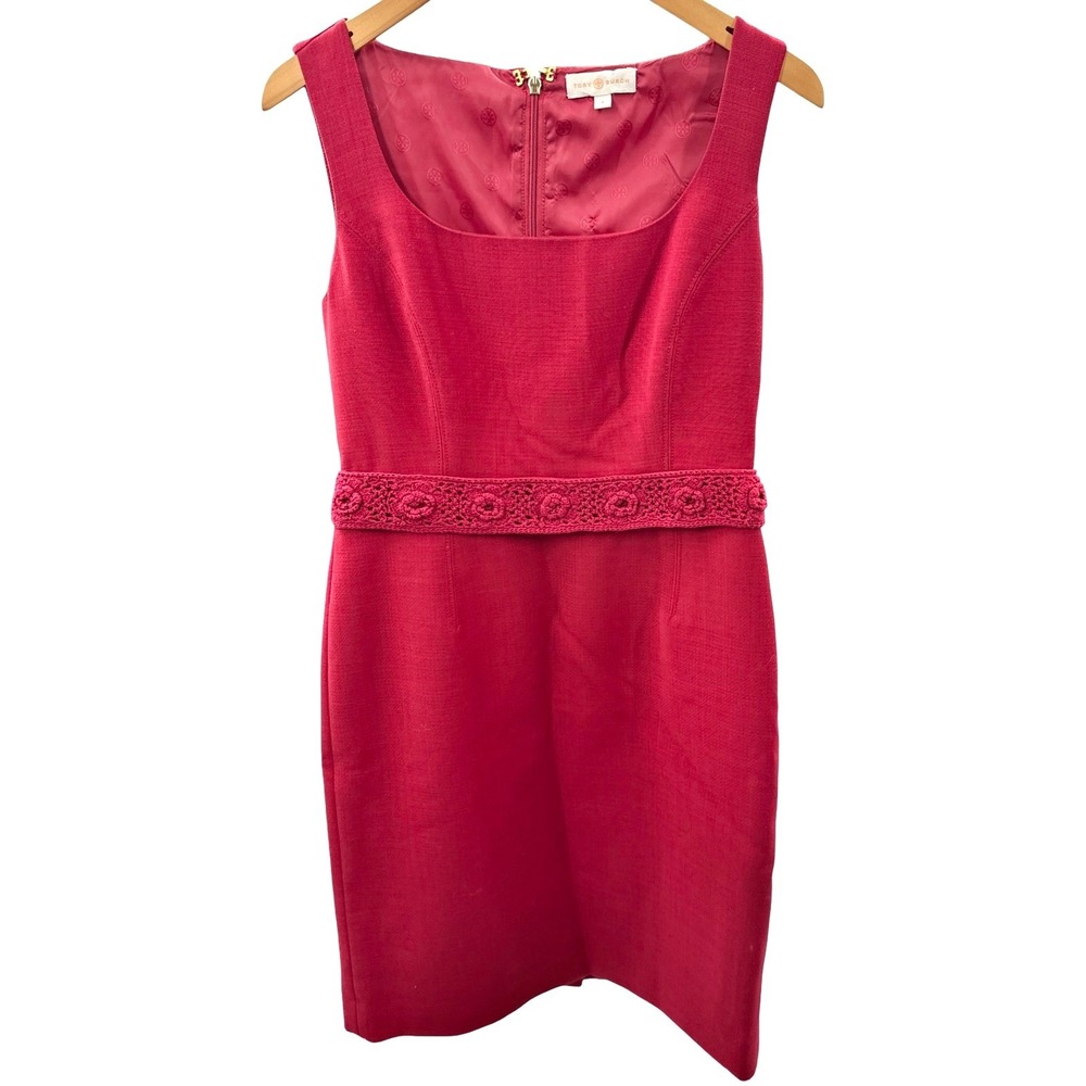 Tory Burch Womens Red Wool Blend Crochet Trim Square Neck Shift Dress Size 8‎